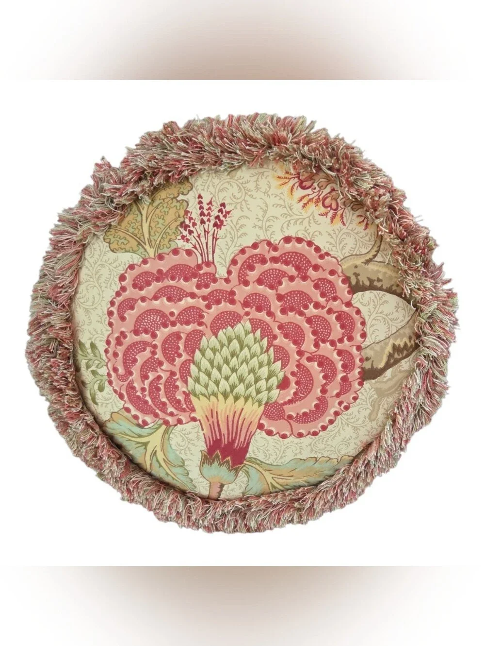 Rose Tree Summerton Jacobean Floral Tambourine Round Fringe Pillow.